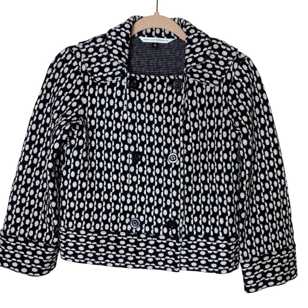 Diane von Furstenberg Jacquard Cropped Jacket 4 Black White Textured